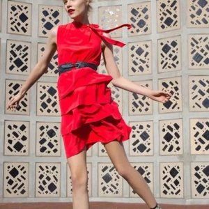ANTHROPOLOGIE GIRLS FROM SAVOY Ruffled Oska Dress  Silk Red US 14